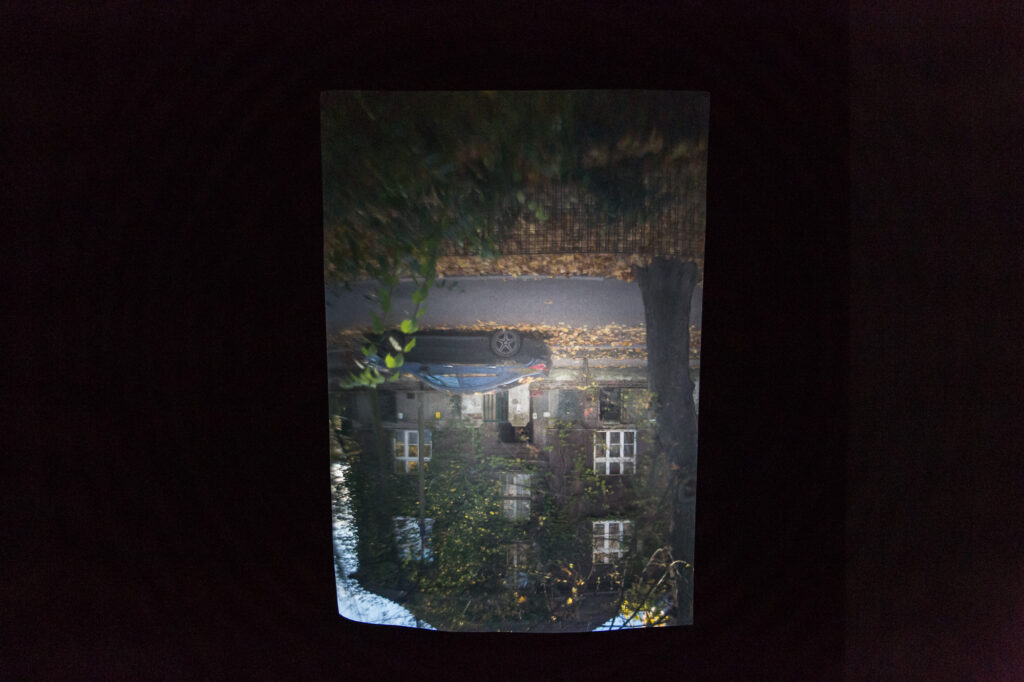 Odwrócony obraz drzew i ulicy wyświetlany we wnętrzu Willi Generała w Krakowie – instalacja camera obscura.