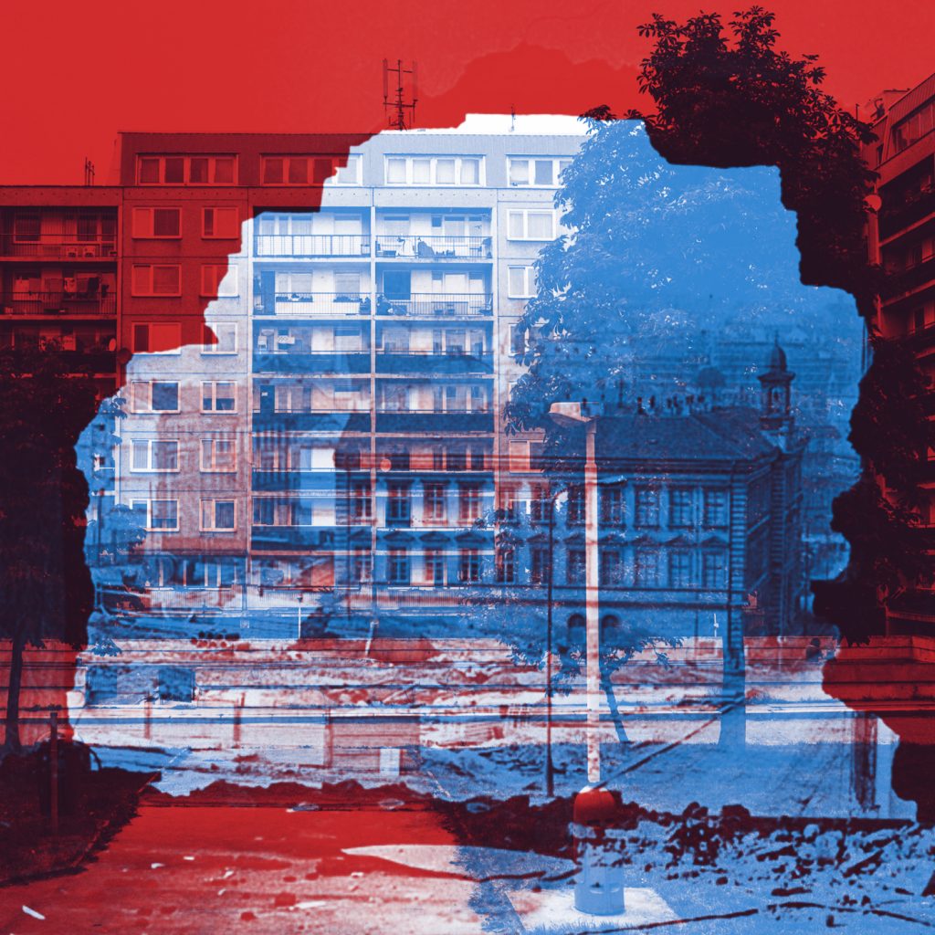 Poza przeszłością i teraźniejszością, kolaż fotograficzny łączący archiwalne i współczesne obrazy dzielnicy Žižkov