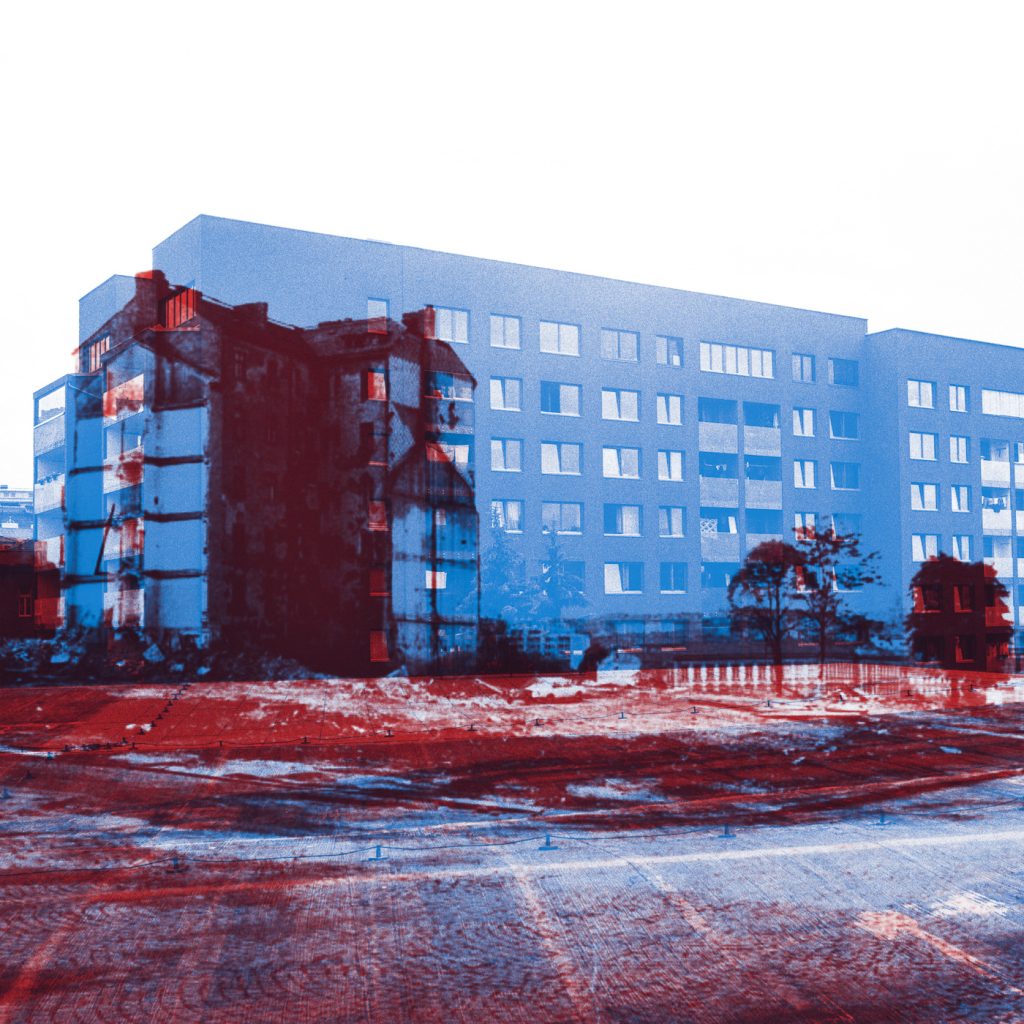 Poza przeszłością i teraźniejszością, kolaż fotograficzny przedstawiający dzielnicę Žižkov w Pradze