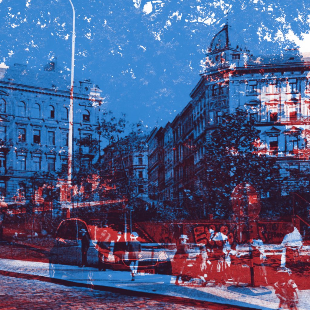 Poza przeszłością i teraźniejszością, kolaż fotograficzny przedstawiający dzielnicę Žižkov w Pradze