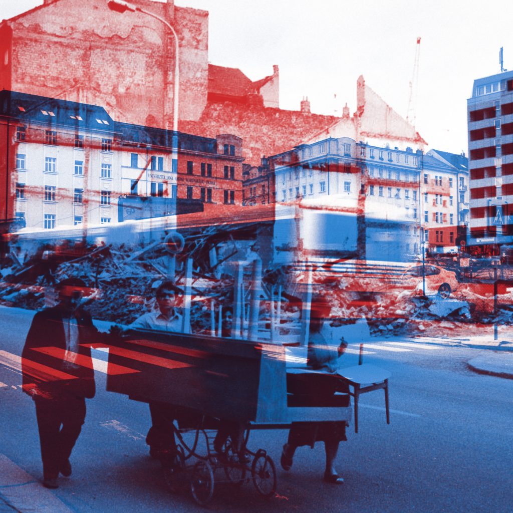 Poza przeszłością i teraźniejszością, kolaż fotograficzny przedstawiający dzielnicę Žižkov w Pradze