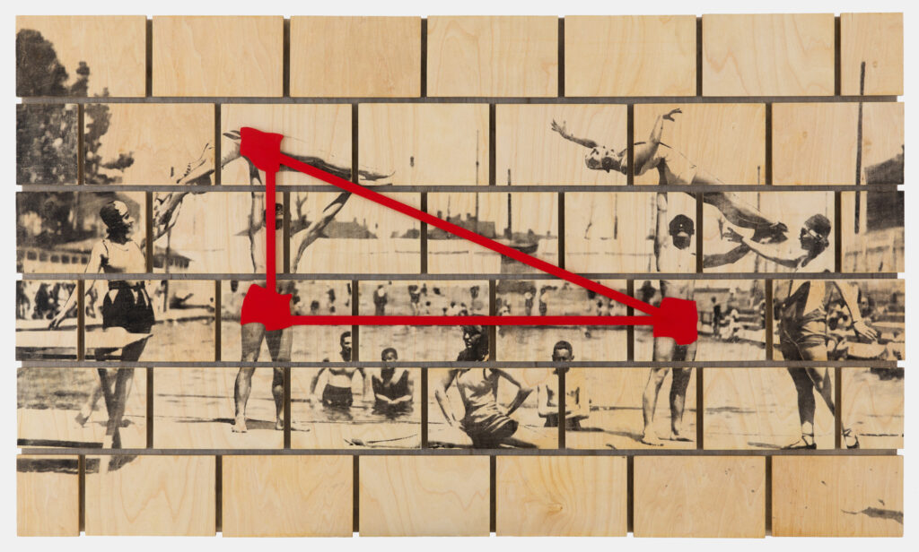 Wood assemblage artwork based on an archival photograph of Park Krakowski in Krakow, depicting the former public swimming pool that disappeared after World War I. A contemporary reinterpretation of urban memory and lost recreational infrastructure.